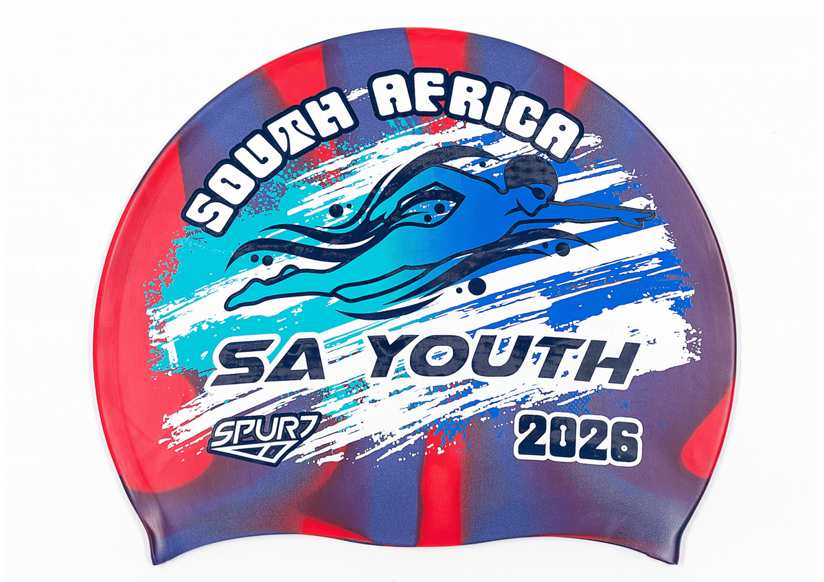 SA YOUTH 2026 in Slanted Font and Grungy Brush on Mi120 Red and Navy Vertical Stripes Spurt Silicone Swim Cap