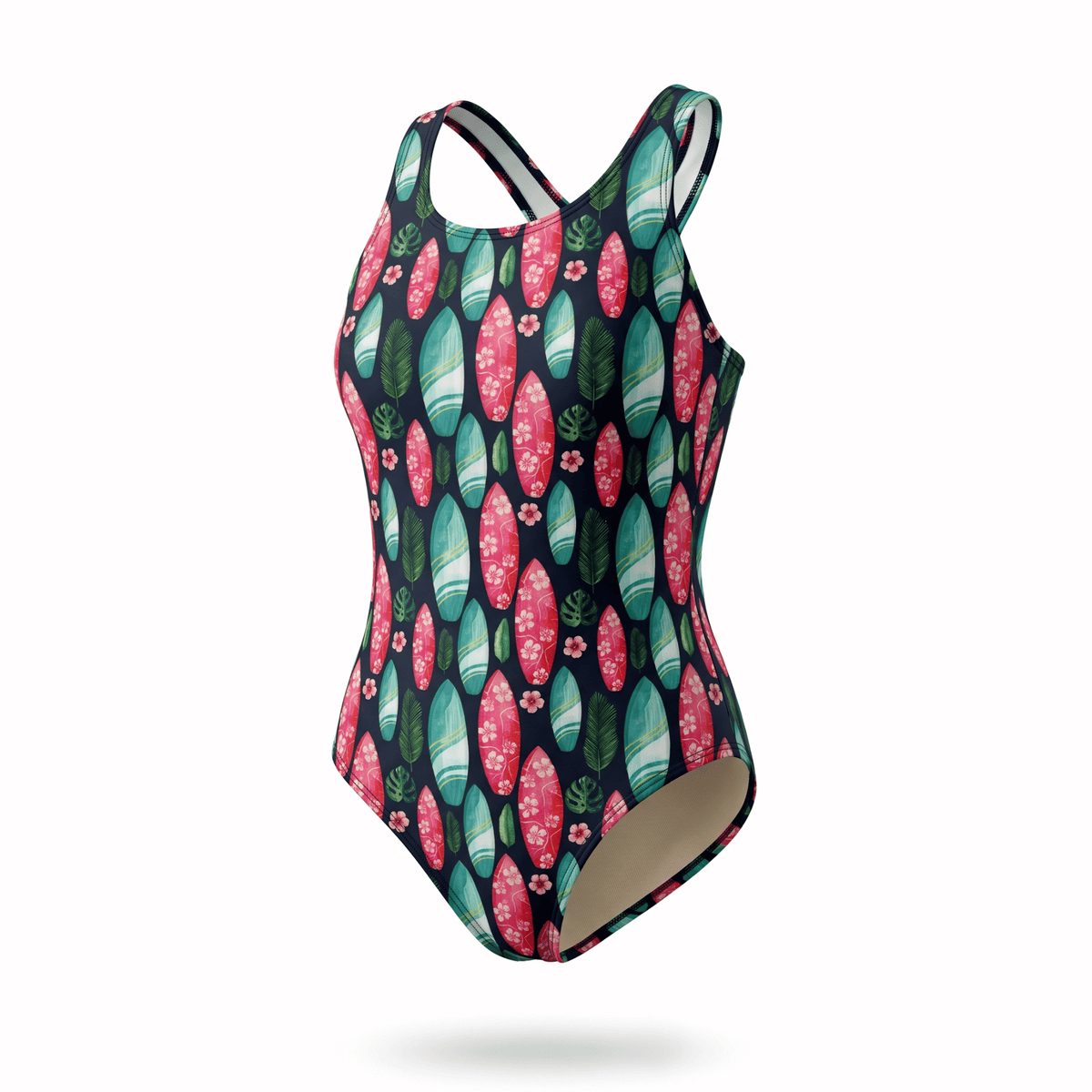 Kikx Extra Life Fastback Swimsuit in Island Vibe print on Black Background