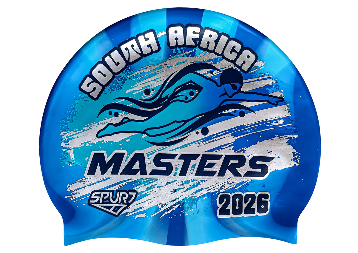 MASTERS 2026 in Slanted Font and Grungy Brush on Mi1 Dark & Light Blue Vertical Stripes Spurt Silicone Swim Cap
