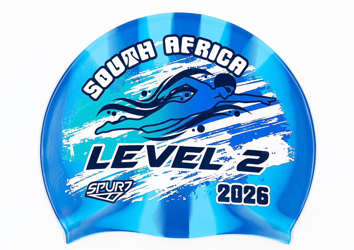 LEVEL 2 2026 in Slanted Font and Grungy Brush on Mi1 Dark Blue and Light Blue Vertical Stripes Spurt Silicone Swim Cap