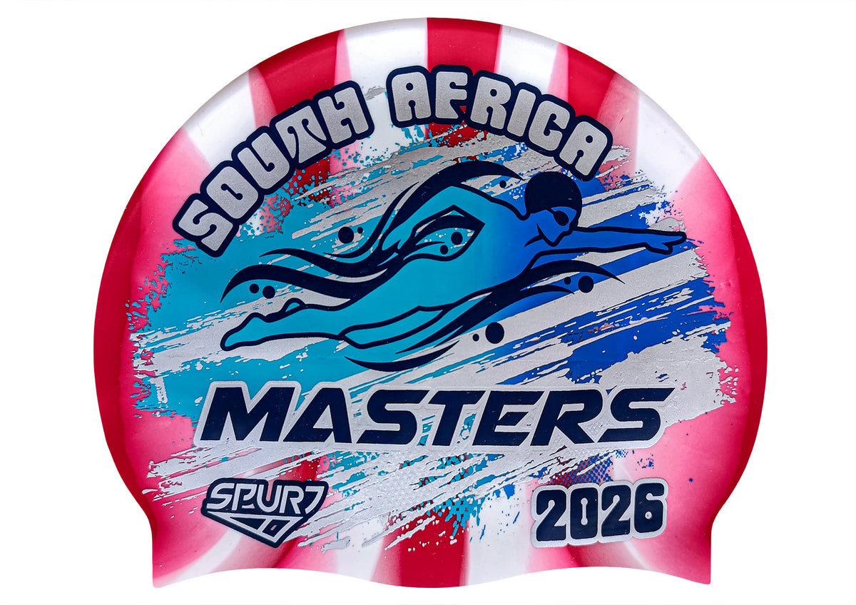 MASTERS 2026 in Slanted Font and Grungy Brush on Mi139 Red & White Vertical Stripes Spurt Silicone Swim Cap