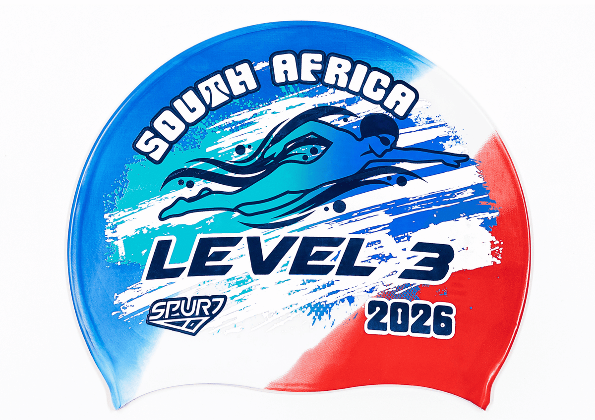 LEVEL 3 2026 in Slanted Font and Grungy Brush on FRA Blue, White and Red Diagonal Blend Spurt Silicone Swim Cap