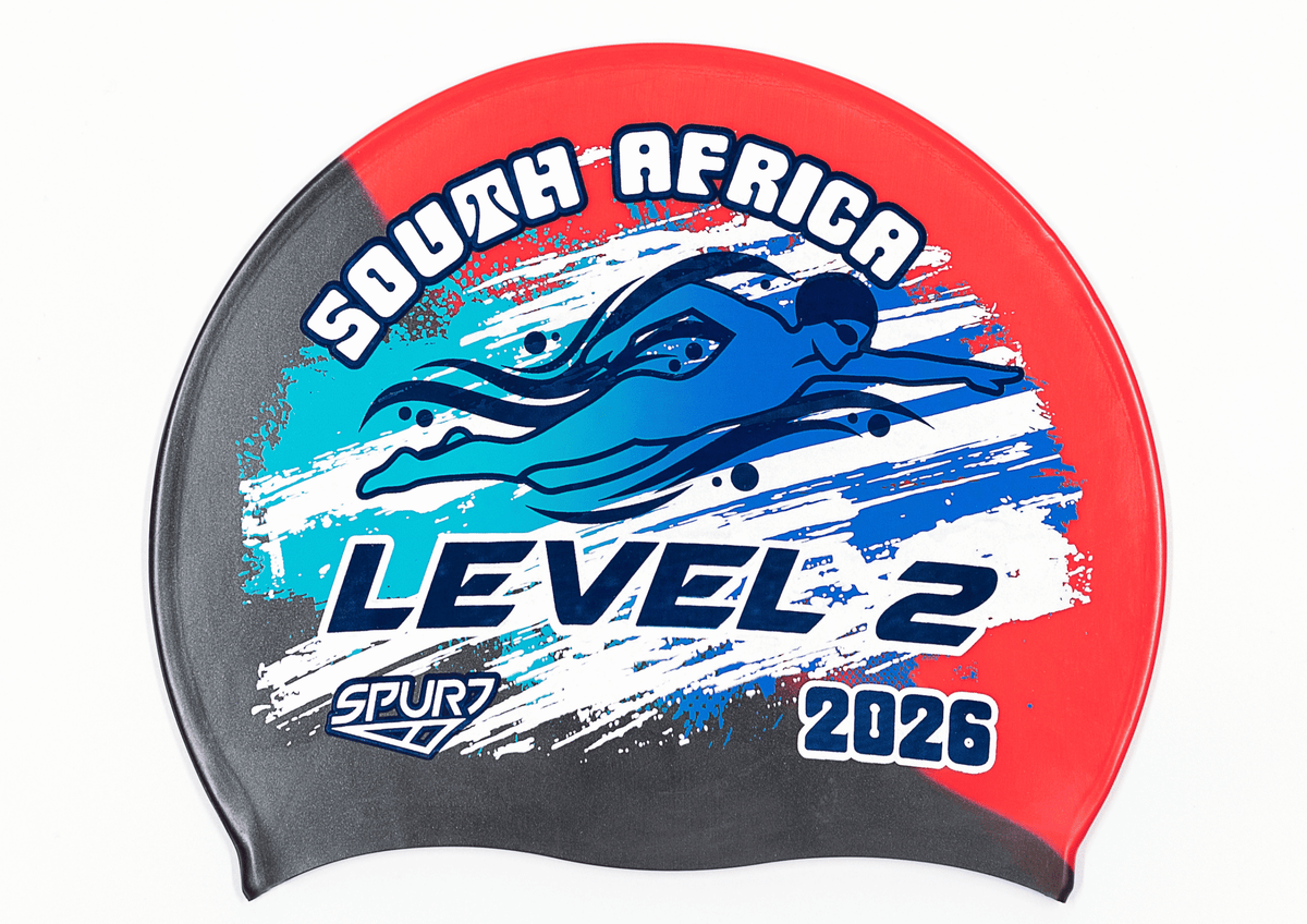 LEVEL 2 2026 in Slanted Font and Grungy Brush on MW92 Red and Black Diagonal Blend Spurt Silicone Swim Cap