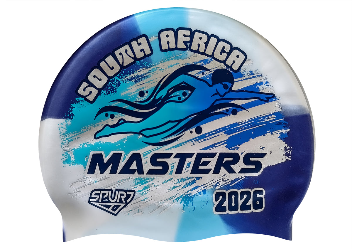 MASTERS 2026 in Slanted Font and Grungy Brush on MS150 Navy, Light Blue and Ice Blue Dappled Blend Spurt Silicone Swim Cap