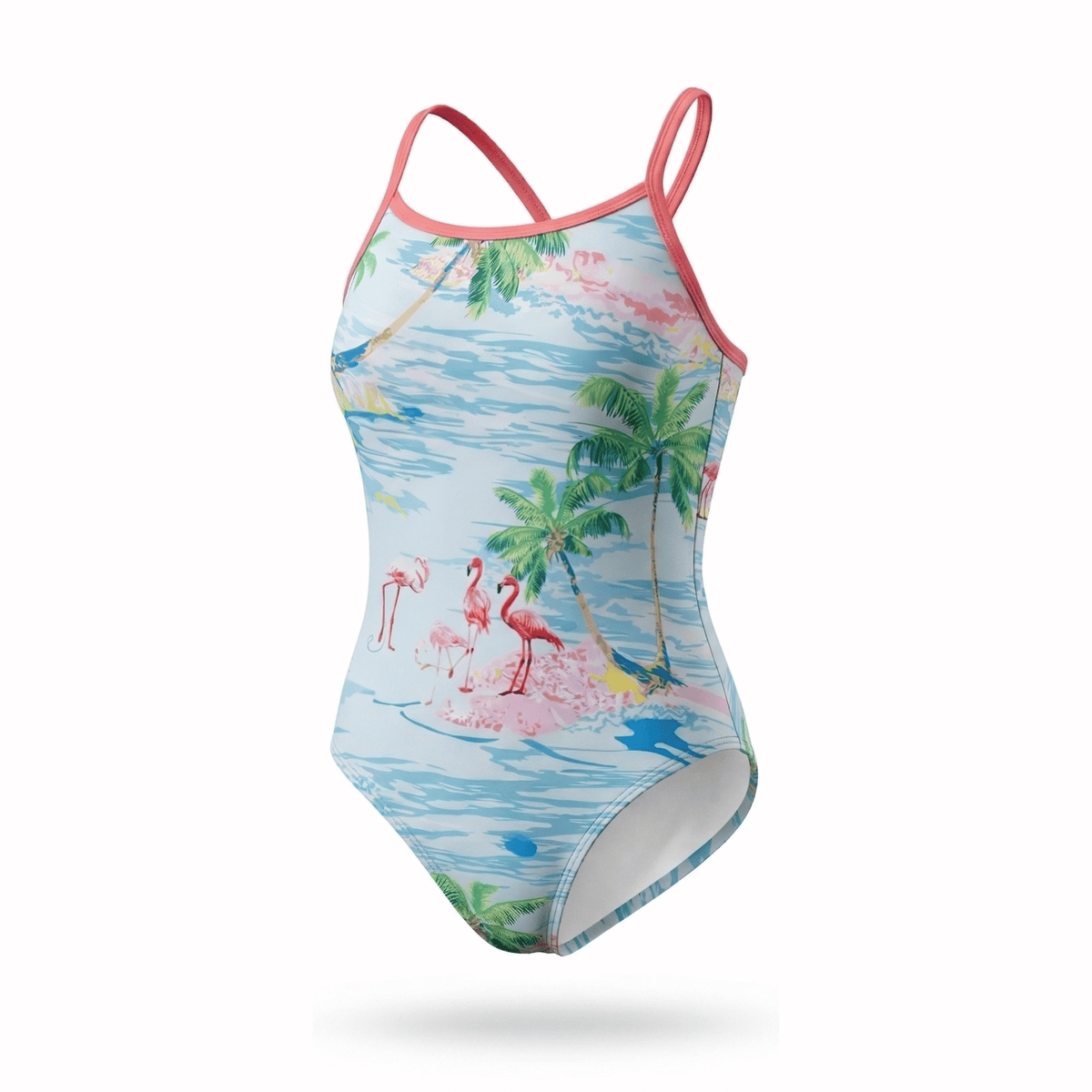 Kikx Extra Life Thin Strap Swimsuit in Tropical Haze Print with Pale Pink Straps