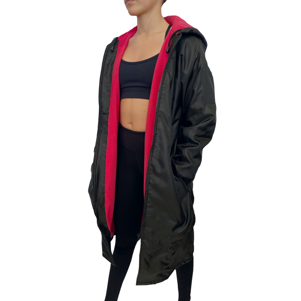 Parka Jacket in Black with Cerise Pink Inner