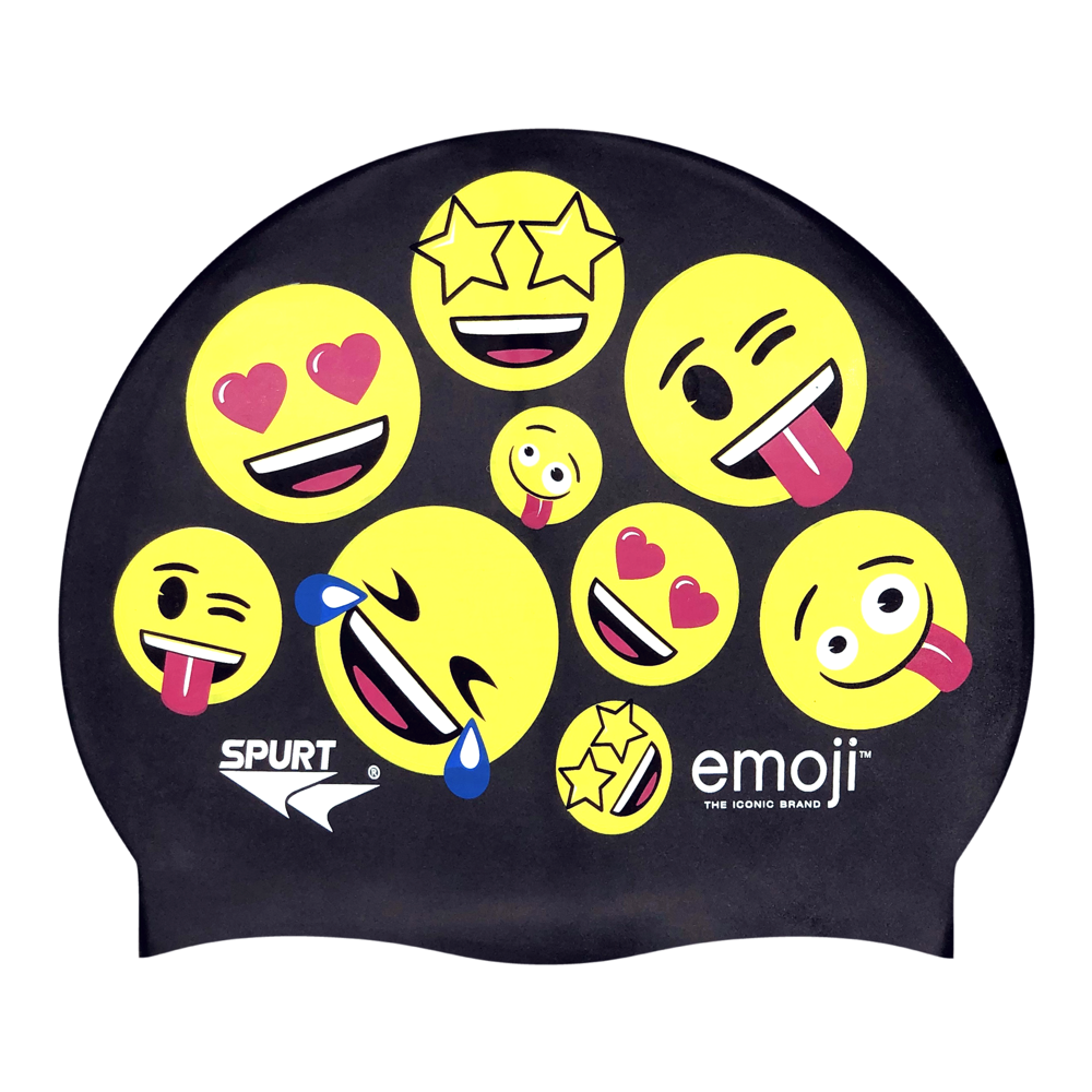 Emoji Repeated Faces on SB14 Metallic Black Spurt Silicone Swim Cap