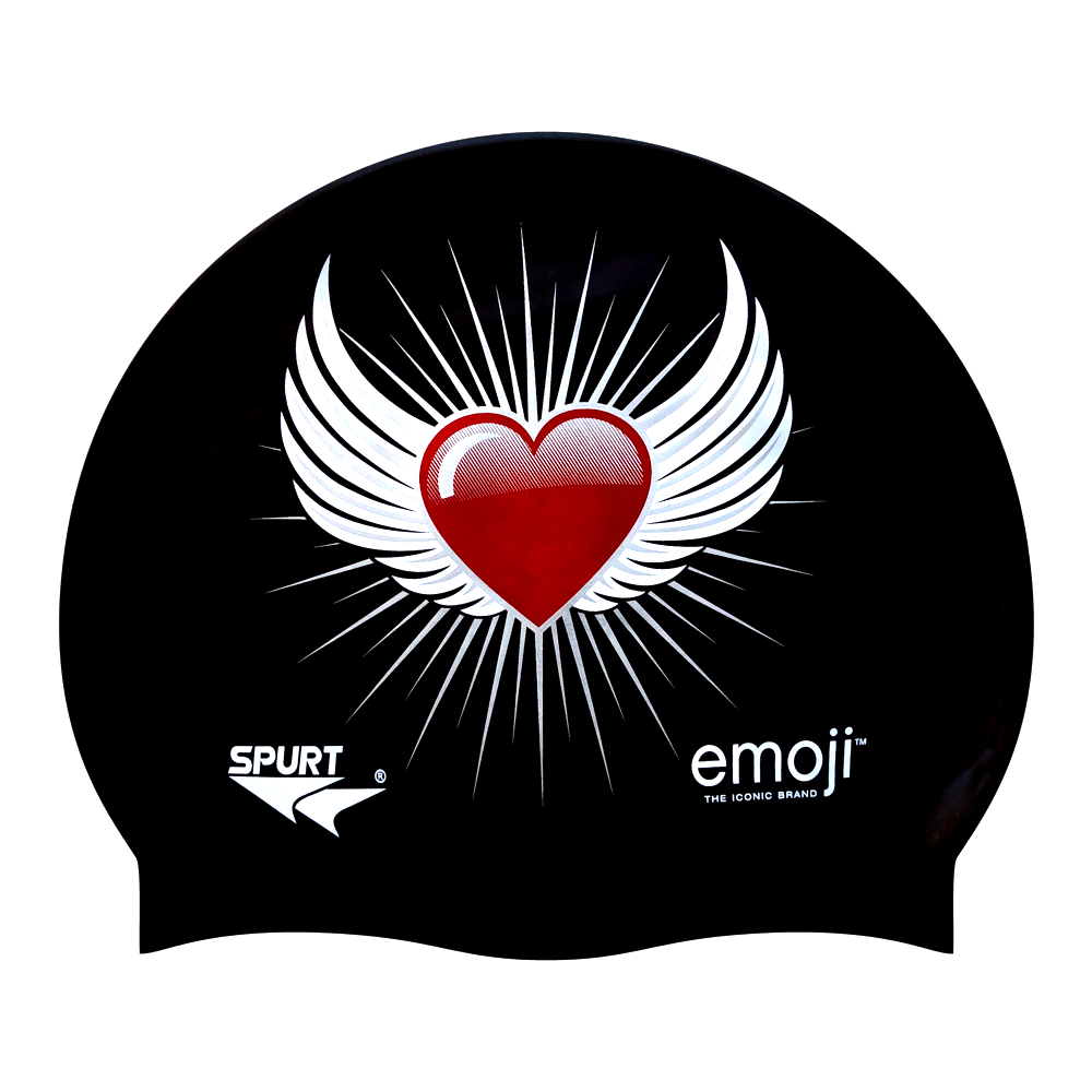 Emoji Red Heart with Wings on F209 Deep Black Spurt Silicone Swim Cap