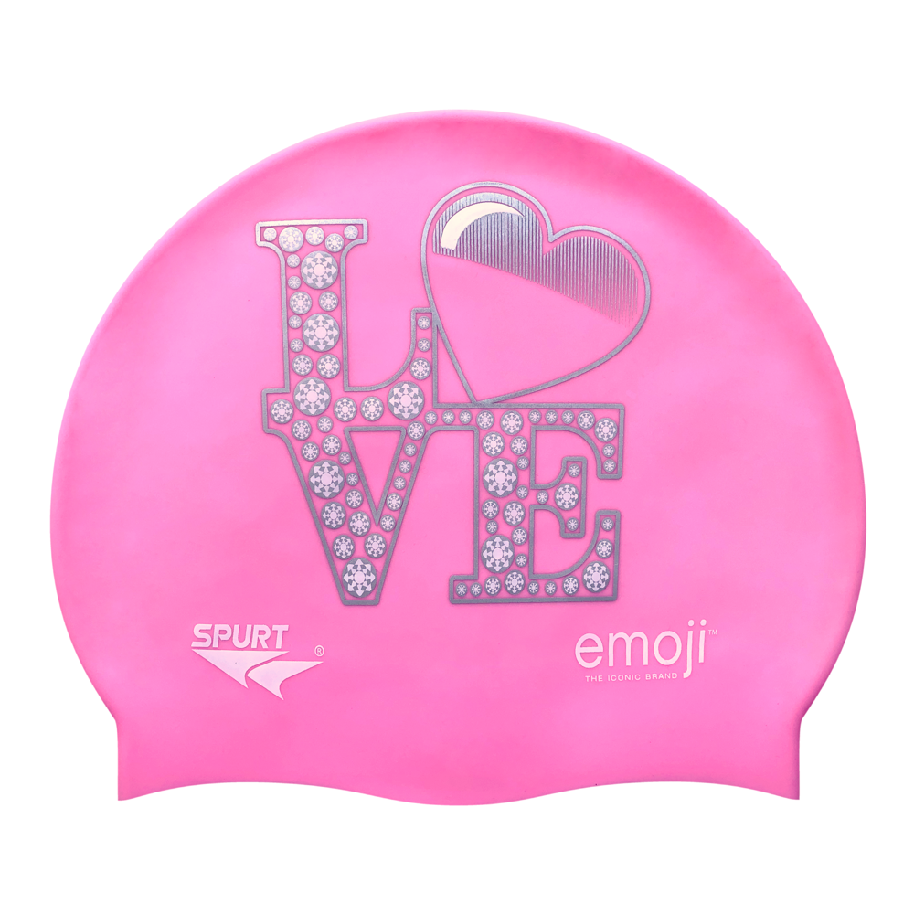 Emoji LOVE Staggered Letters on F239 Light Pink Spurt Silicone Swim Cap