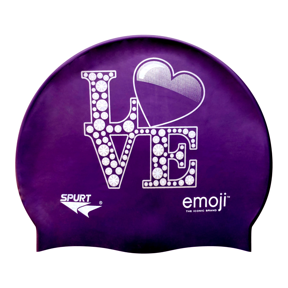 Emoji LOVE Staggered Letters on SH73 Royal Purple Spurt Silicone Swim Cap