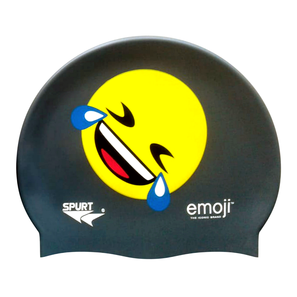 Emoji Laughing with Tears Tilted on F210 Dark Grey Spurt Silicone Swim Cap