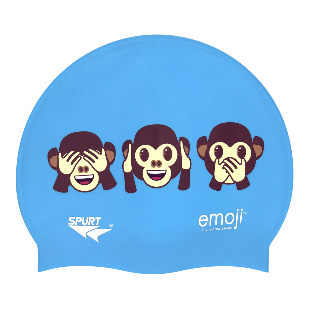 Emoji Monkeys Hear, See and Speak No Evil on F230 Light Sky Blue Spurt Silicone Swim Cap
