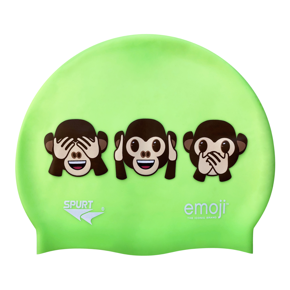 Emoji Monkeys Hear, See and Speak No Evil on F233 Neon Green Spurt Silicone Swim Cap