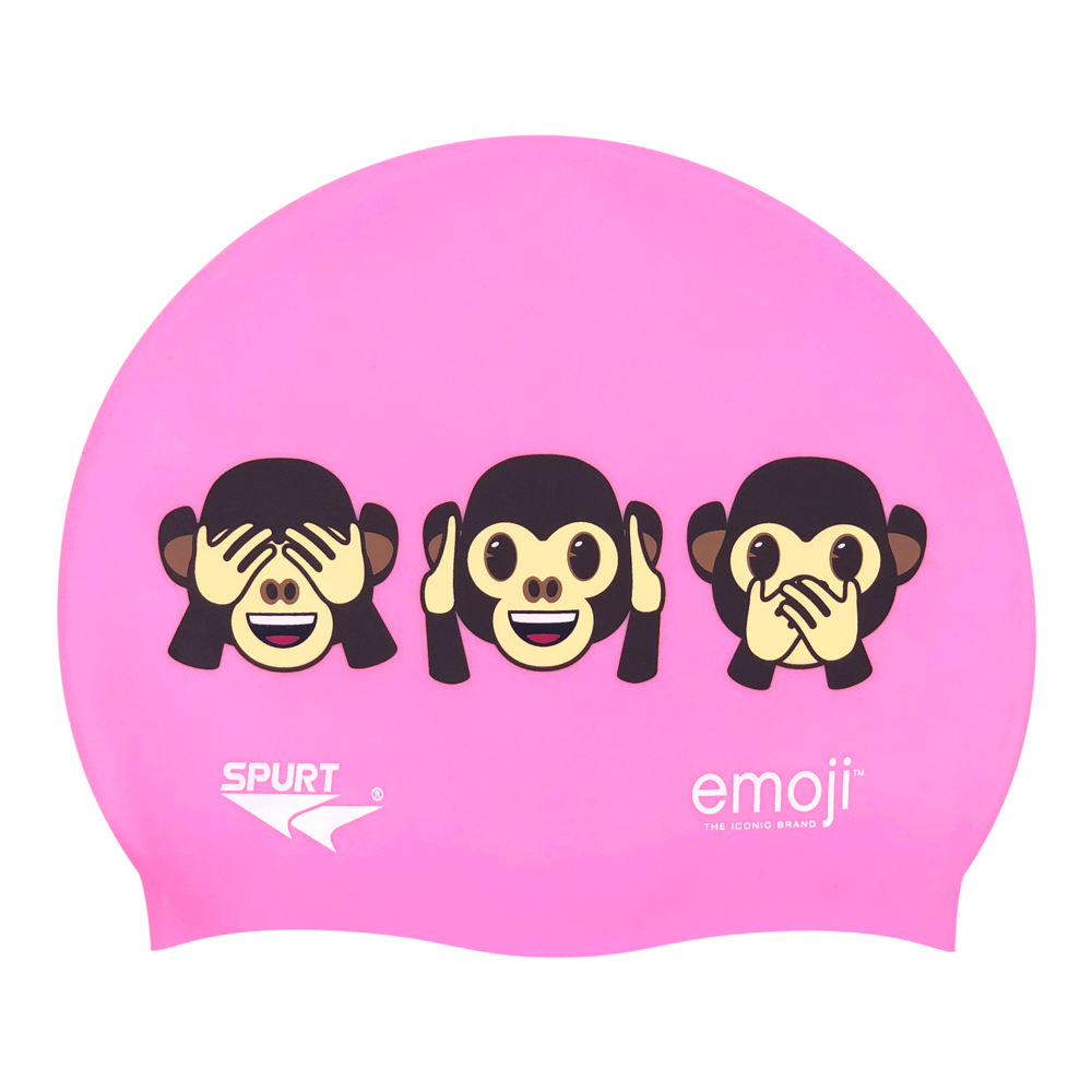 Emoji Monkeys Hear, See and Speak No Evil on F239 Light Pink Spurt Silicone Swim Cap