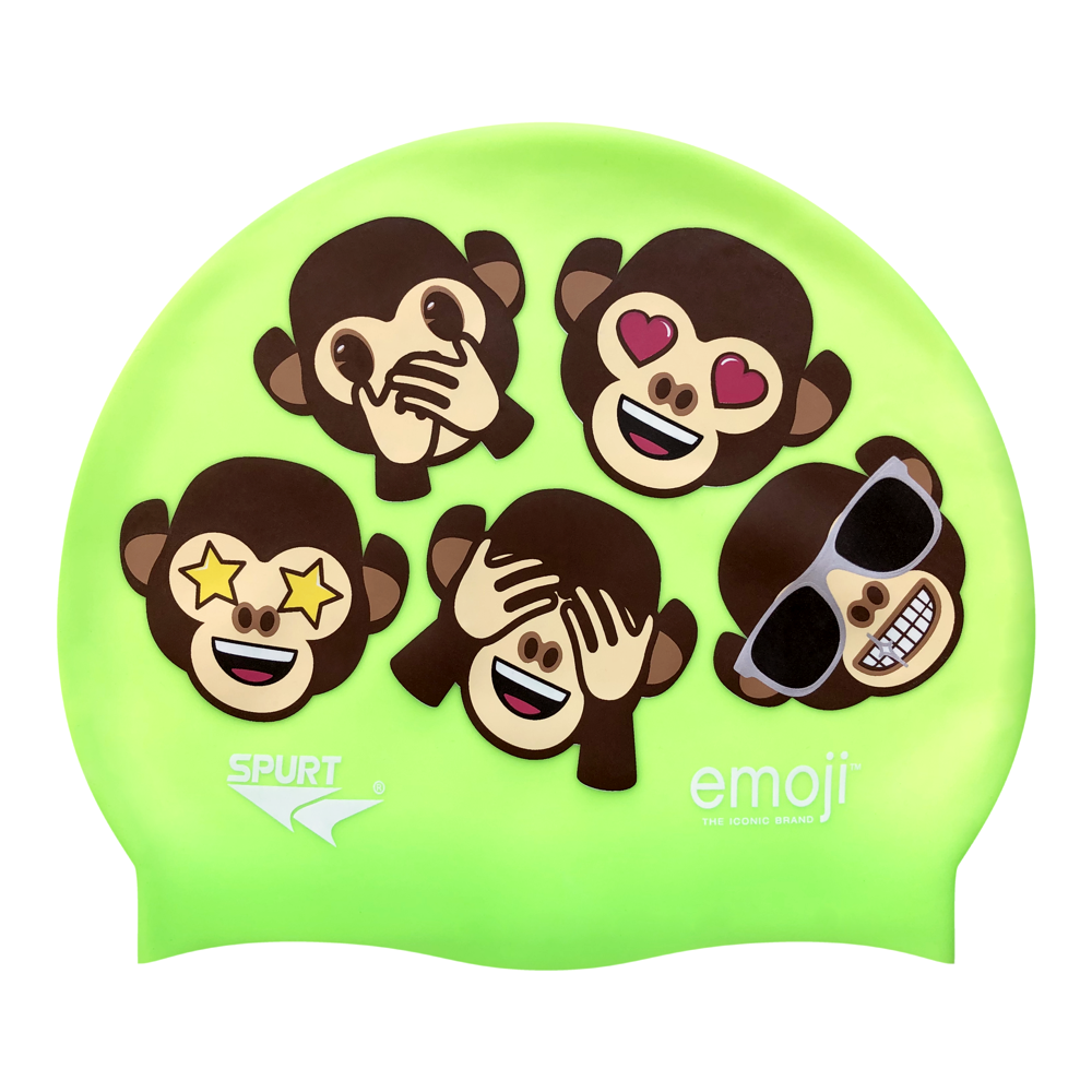 Emoji Monkeys Repeated on F233 Neon Green Spurt Silicone Swim Cap