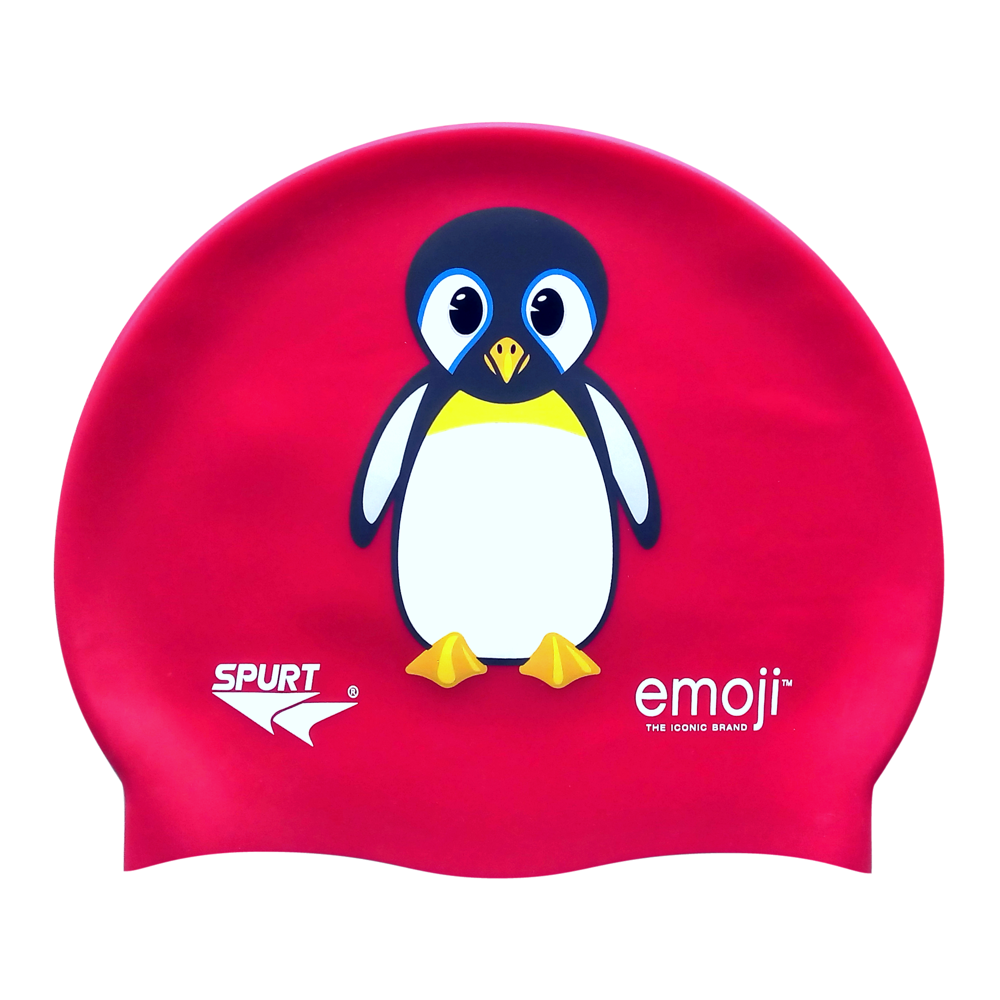 Emoji Penguin on F204 Dark Cerise Spurt Silicone Swim Cap