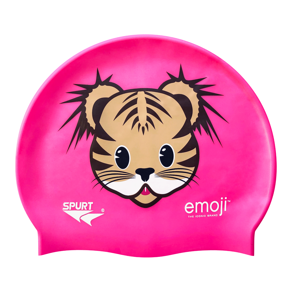 Emoji Tiger Cub Face on SC16 Neon Pink Spurt Silicone Swim Cap
