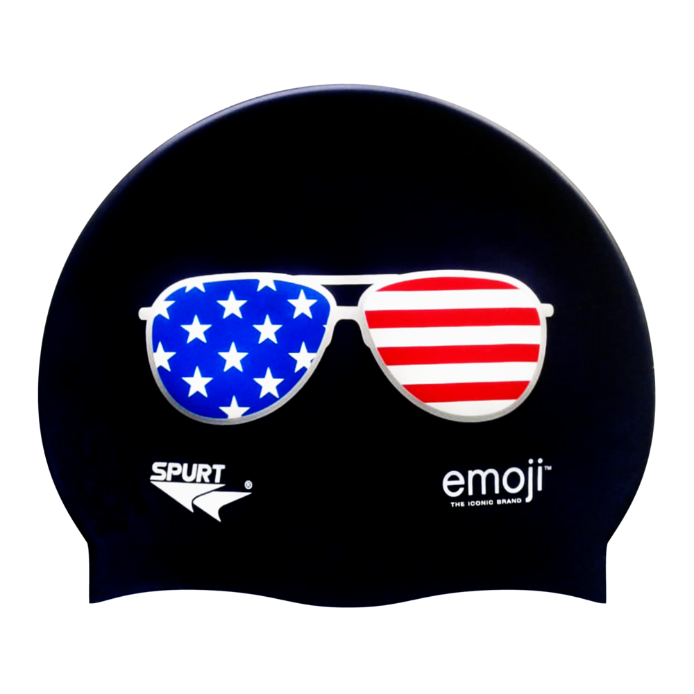 Emoji USA Flag Sunglasses on F209 Deep Black Spurt Silicone Swim Cap