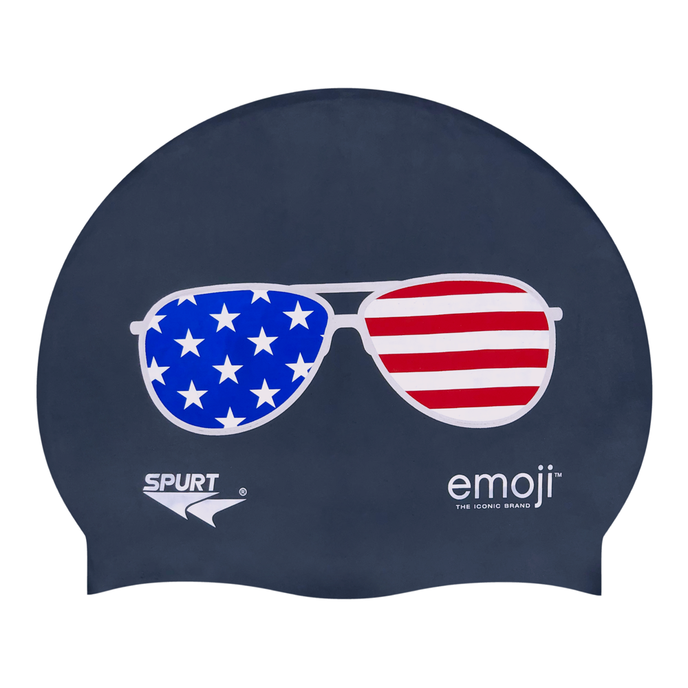 Emoji USA Flag Sunglasses on F210 Dark Grey Spurt Silicone Swim Cap