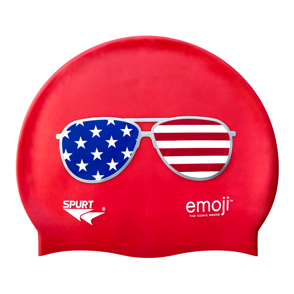 Emoji USA Flag Sunglasses on F246 Crimson Red Spurt Silicone Swim Cap