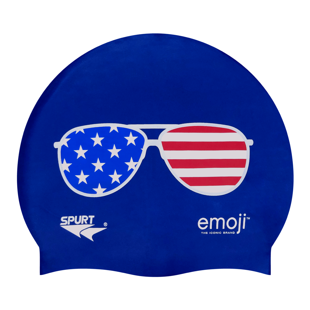 Emoji USA Flag Sunglasses on SE25 Dark Blue Spurt Silicone Swim Cap
