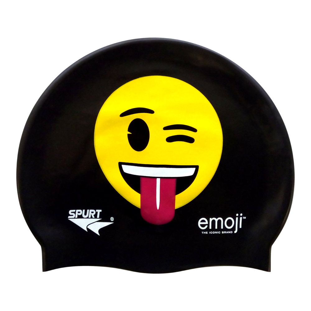 Emoji Winking with Tongue Out on F209 Deep Black Spurt Silicone Swim Cap