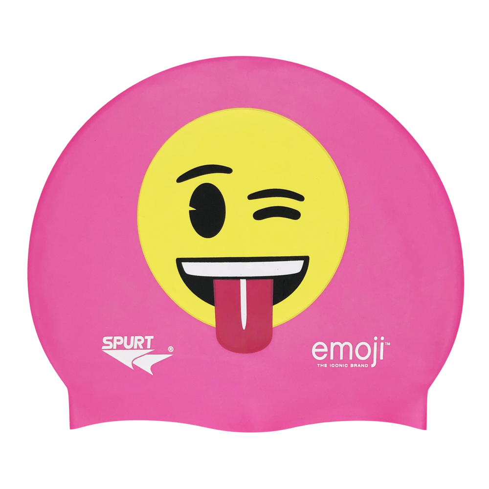 Emoji Winking with Tongue Out on SC16 Neon Pink Spurt Silicone Swim Cap