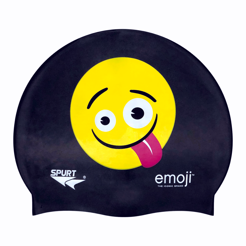 Emoji Zaney Eyes with Tongue Out on SB14 Metallic Black Spurt Silicone Swim Cap