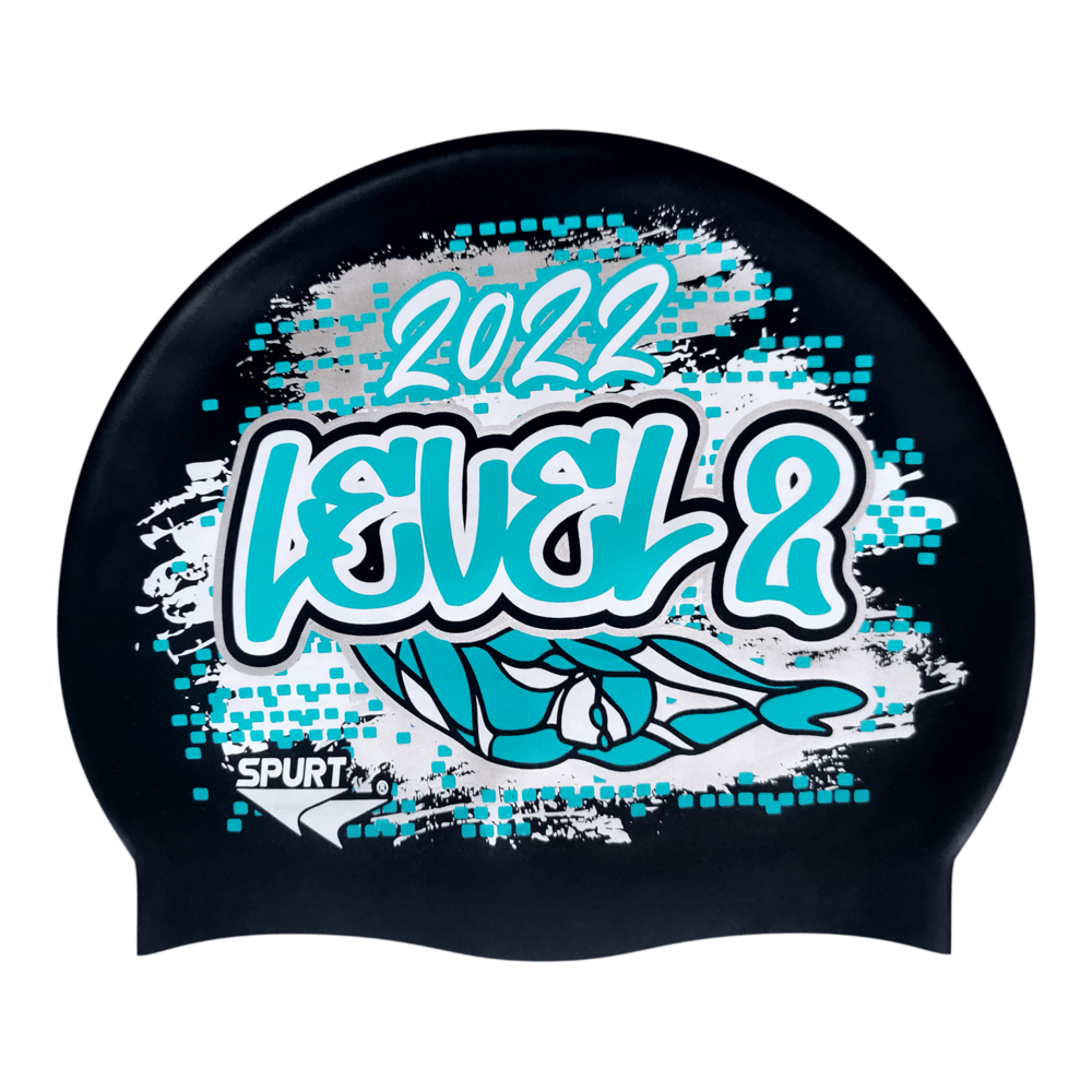 Level 2 2022 Graffiti and Diving Swimmer over Brushstrokes and Grunge with Aqua on SB14 Metallic Black Spurt Silicone Swim Cap