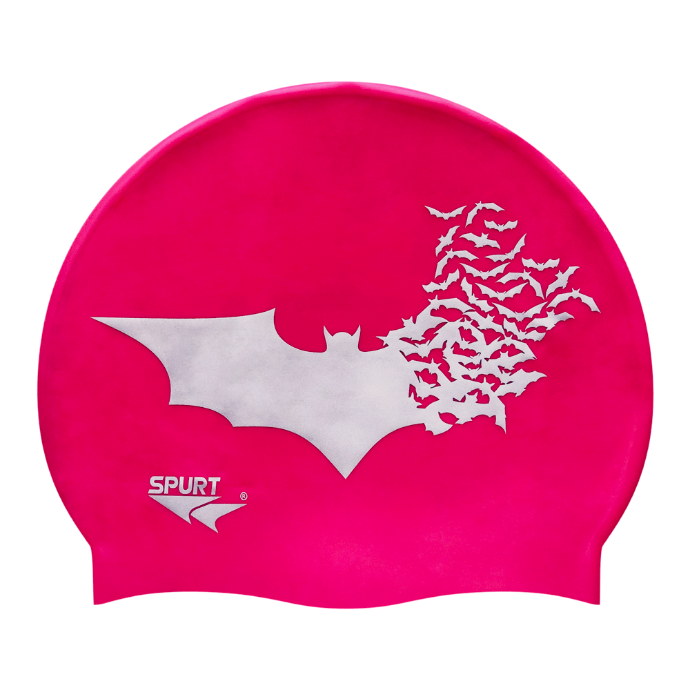 Bat with Scattering Bat Silhouettes in Silver on F204 Dark Cerise Spurt Silicone Swim Cap