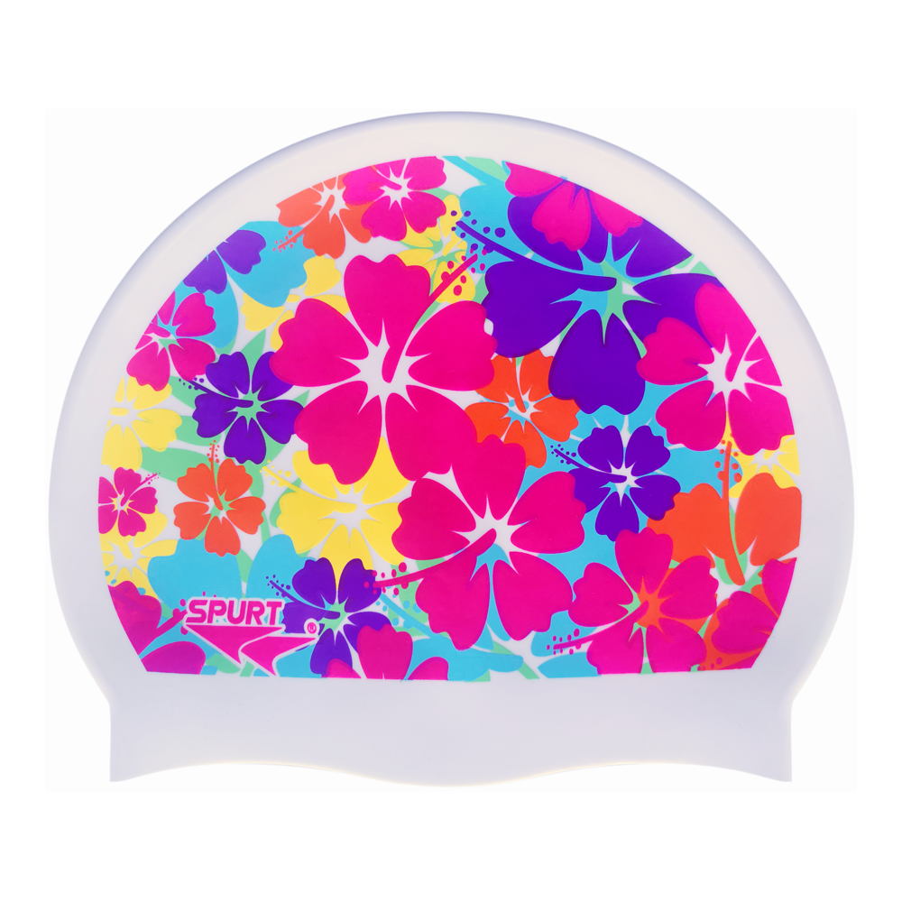Bright Tropical Flowers on F211 Cool White Spurt Silicone Swim Cap