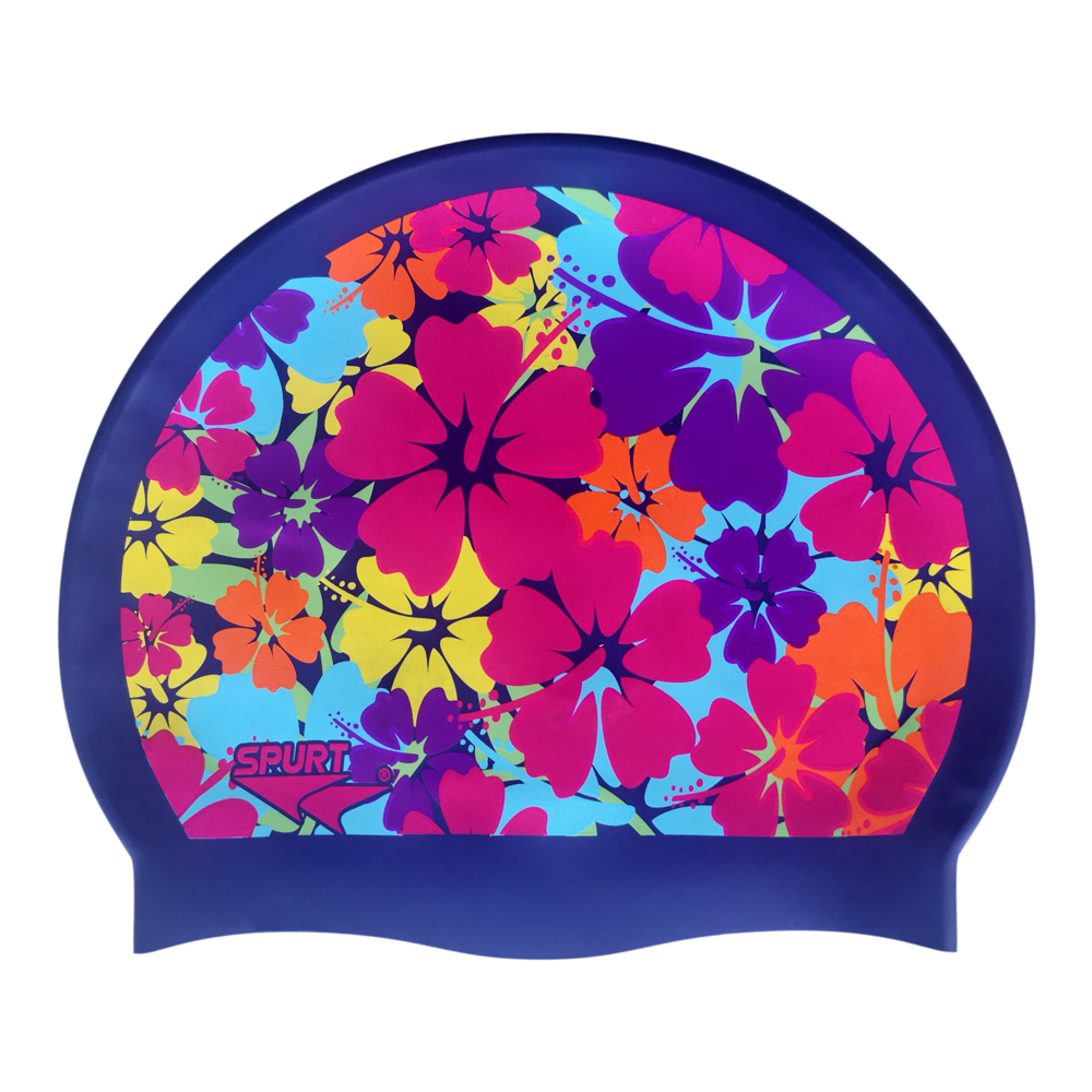 Bright Tropical Flowers on SD16 Metallic Navy Spurt Silicone Swim Cap