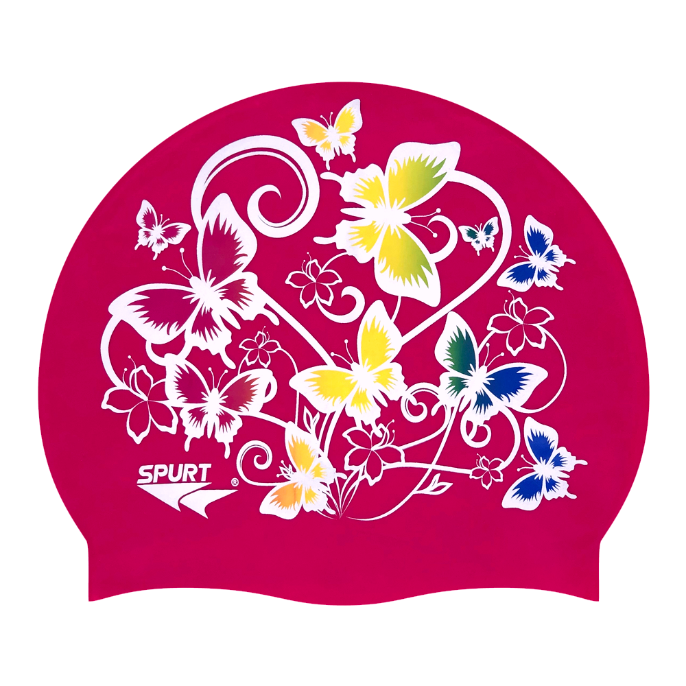 Butterflies in Floral Pattern on F204 Dark Cerise Spurt Silicone Swim Cap