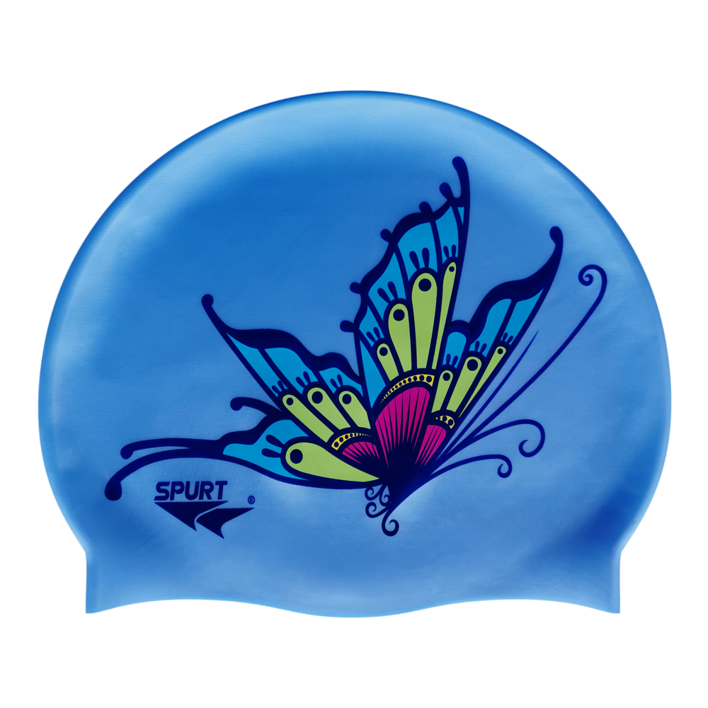 Butterfly Mirror Image on SB12 Lavender Blue Spurt Silicone Swim Cap