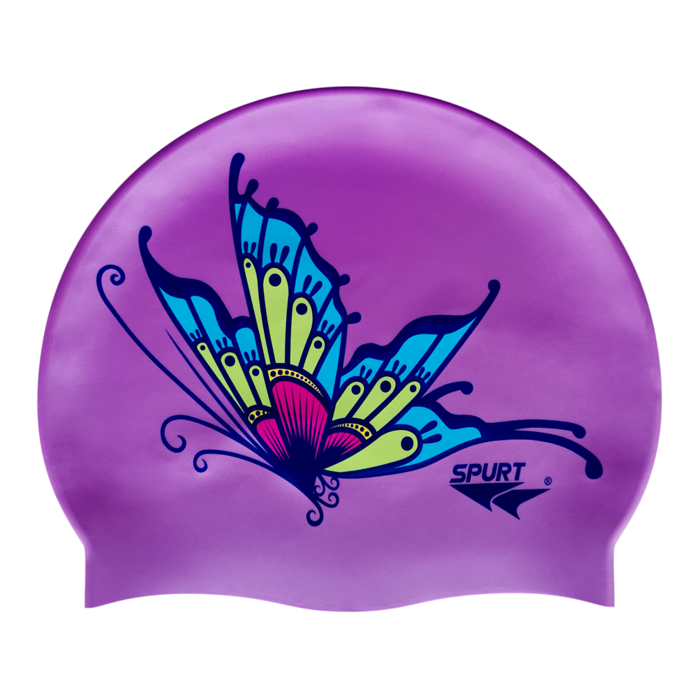 Butterfly Mirror Image on SB18 Violet Spurt Silicone Swim Cap