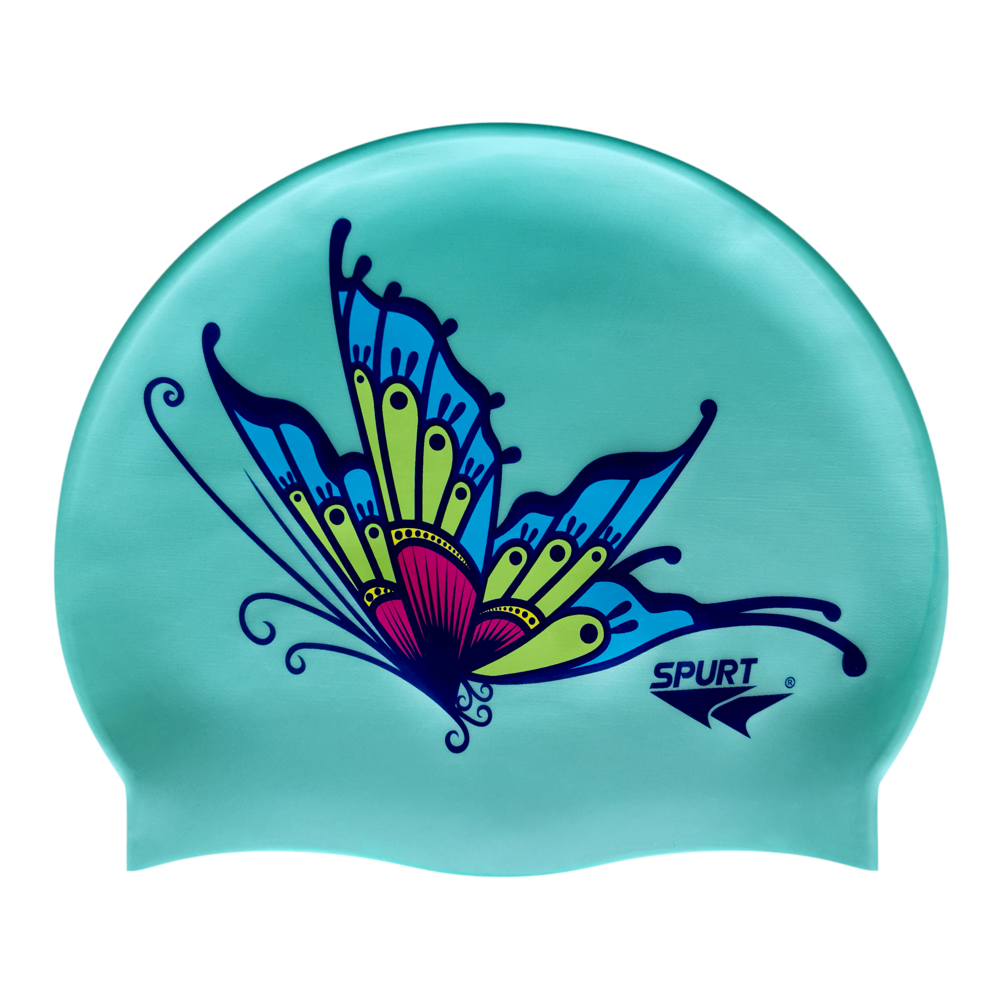 Butterfly Mirror Image on SD13 Pale Aquamarine Green Spurt Silicone Swim Cap