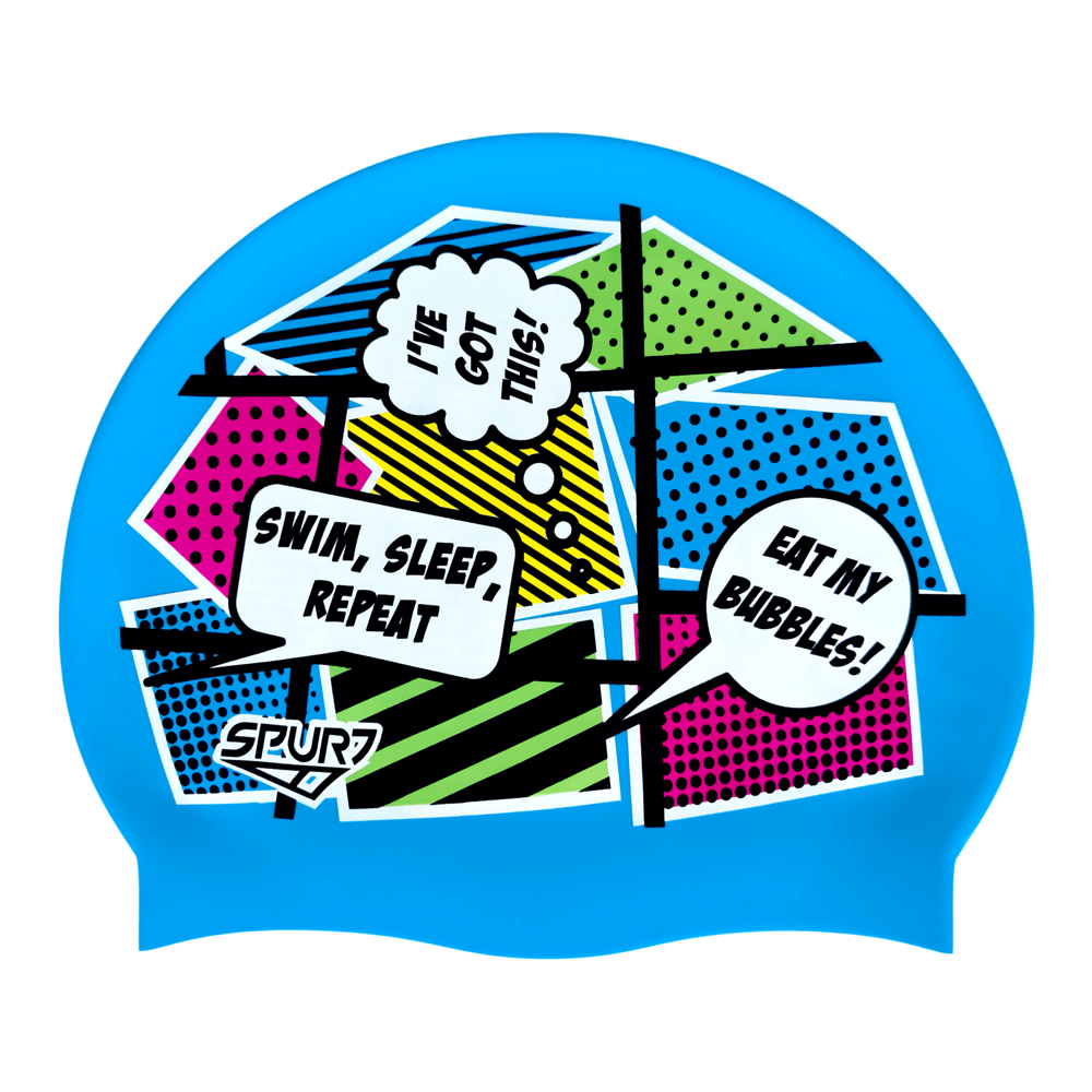 Comic Book Style with Speech Bubbles on F218 Sky Blue Spurt Silicone Swim Cap