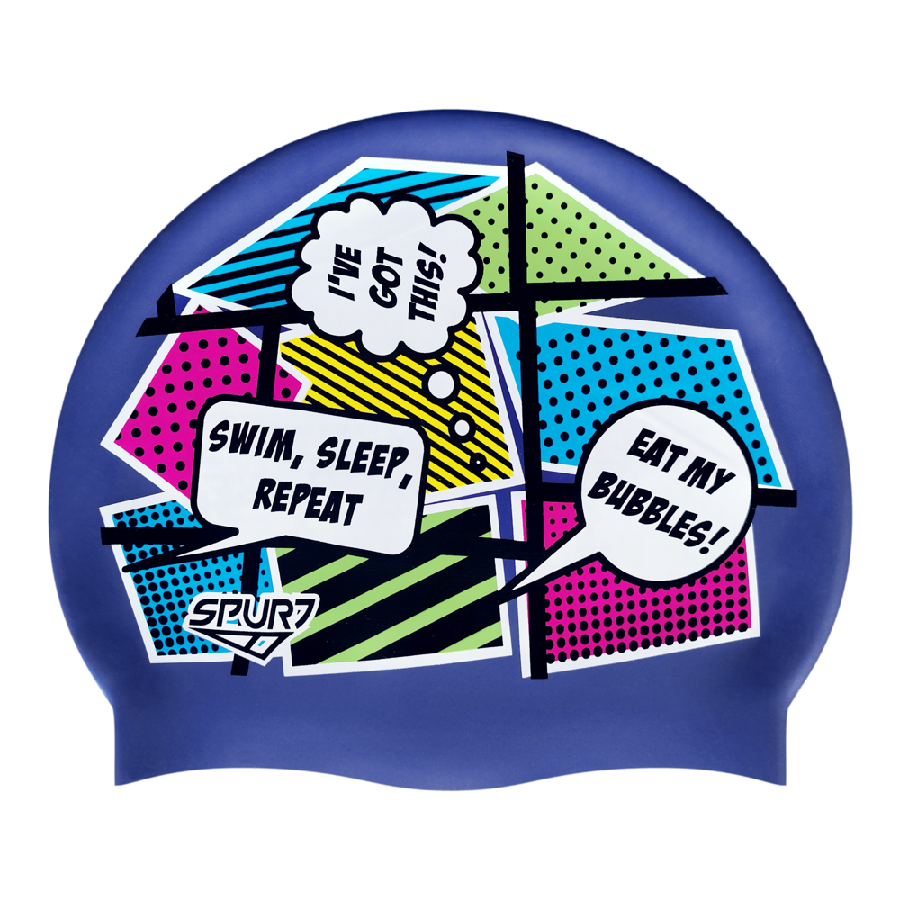 Comic Book Style with Speech Bubbles on SD16 Metallic Navy Spurt Silicone Swim Cap