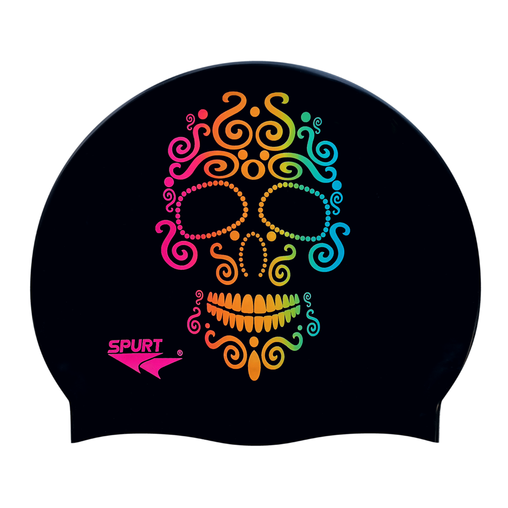 Candy Skull in Rainbow Blend on F209 Deep Black Spurt Silicone Swim Cap