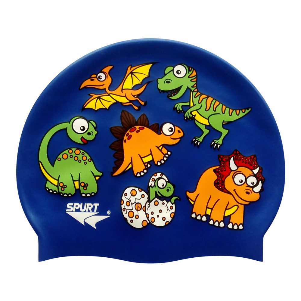 Dino Scattered Kiddie on SE25 Dark Blue Spurt Silicone Swim Cap