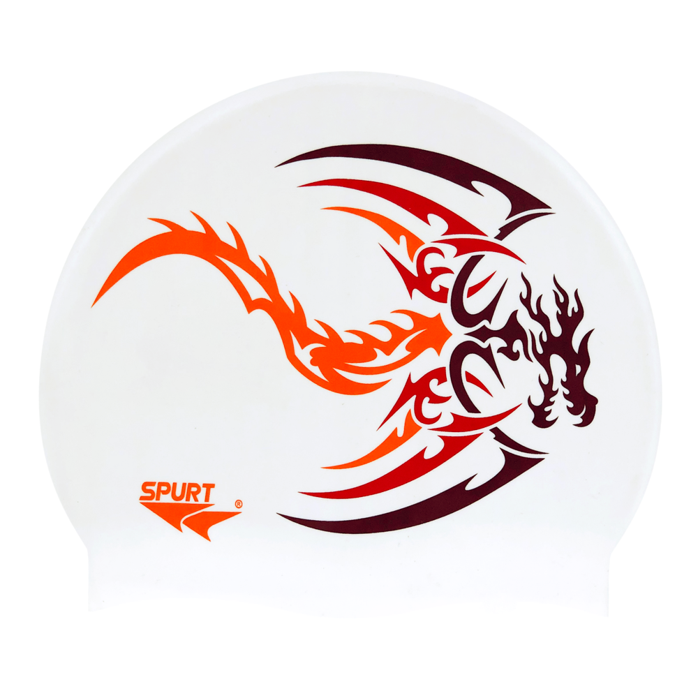Dragon Tribal Flaming Design Mirror Image on F212 Warm White Spurt Silicone Swim Cap