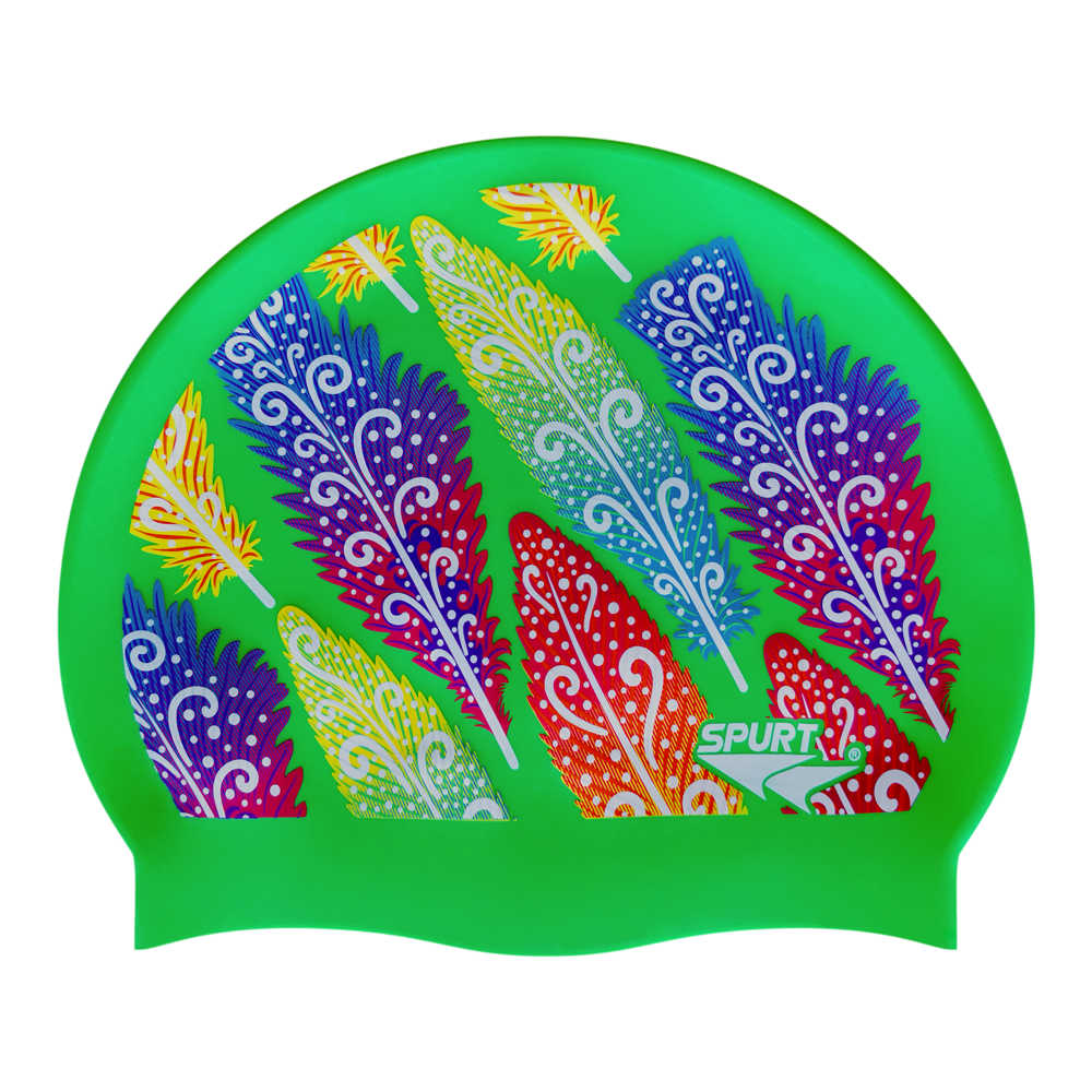 Funky Feathers on SE24 Vivid Green Spurt Silicone Swim Cap