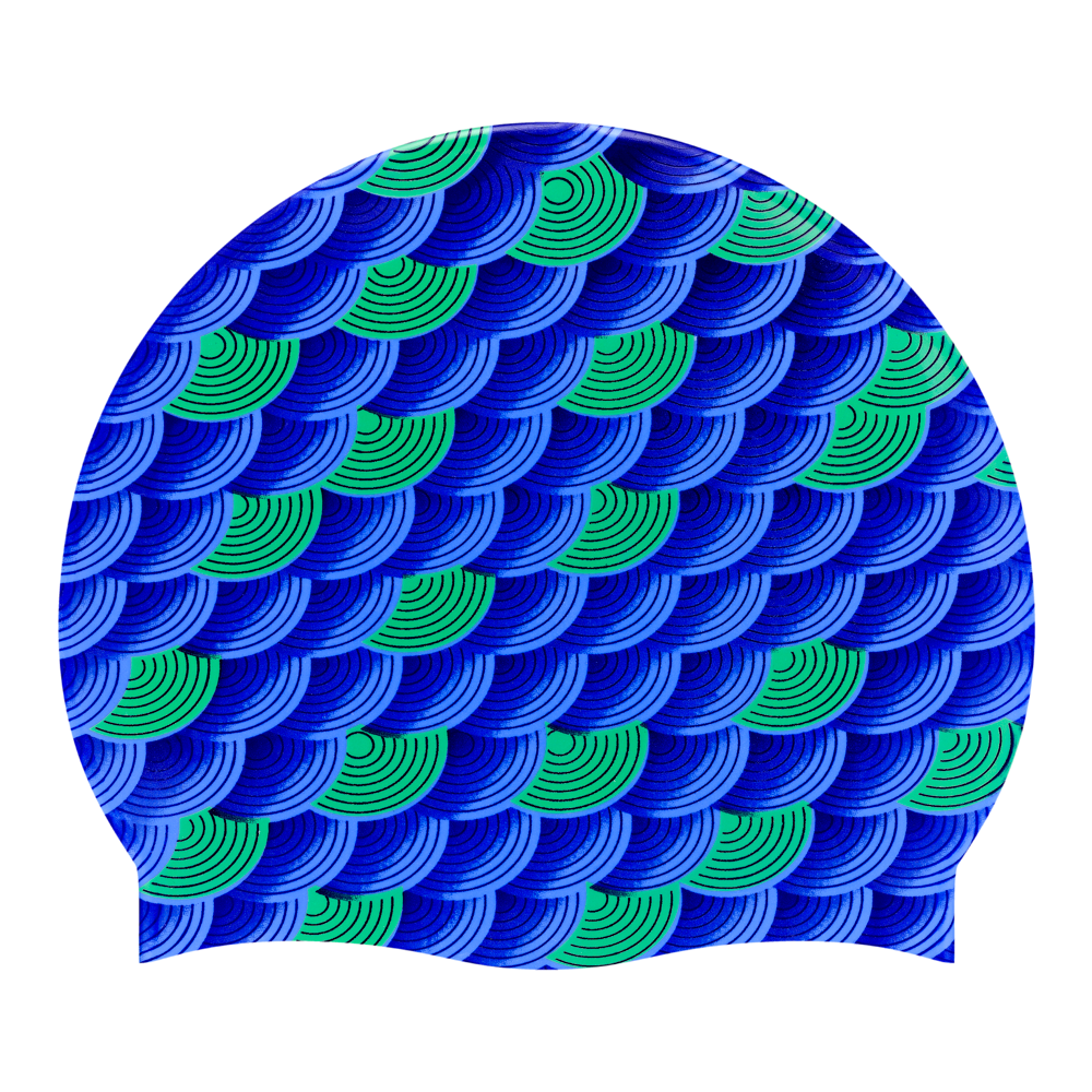 Fish Scales in Blue on F217 Green Spurt Silicone Swim Cap
