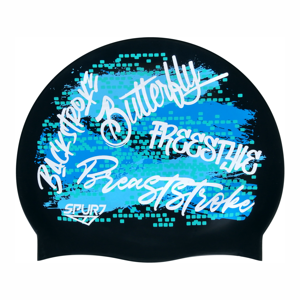 Graffiti Swimming Stroke Names and Grunge Paint on F209 Deep Black Spurt Silicone Swim Cap