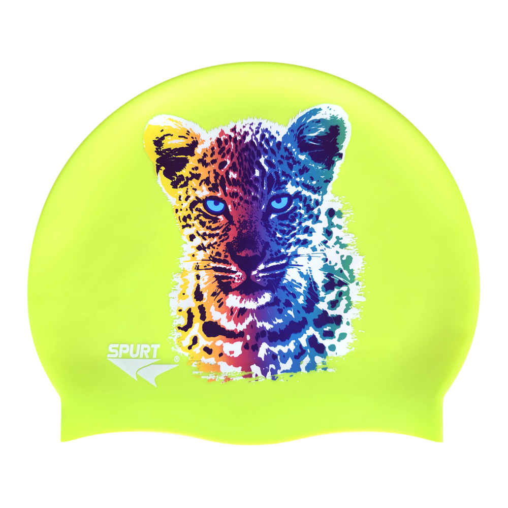 Leopard Cub in Blending Colours on F213 Neon Yellow Spurt Silicone Swim Cap
