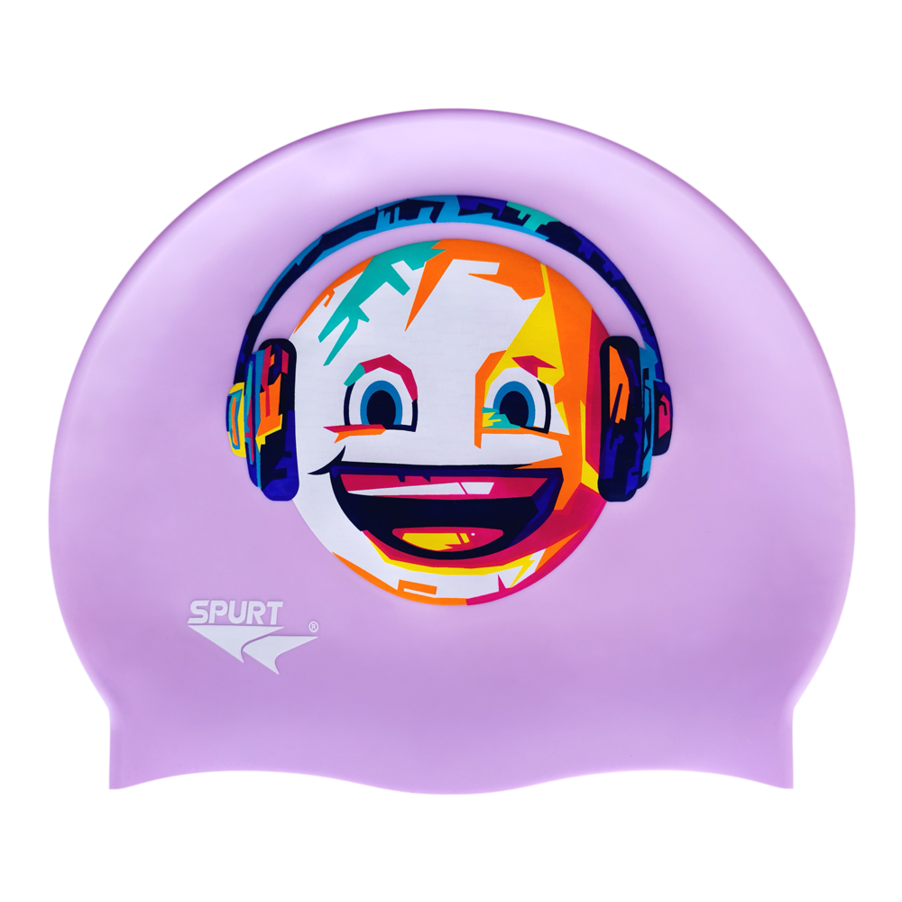Laughing with Headphones Scratchy Design on F240 Pale Violet Spurt Silicone Swim Cap