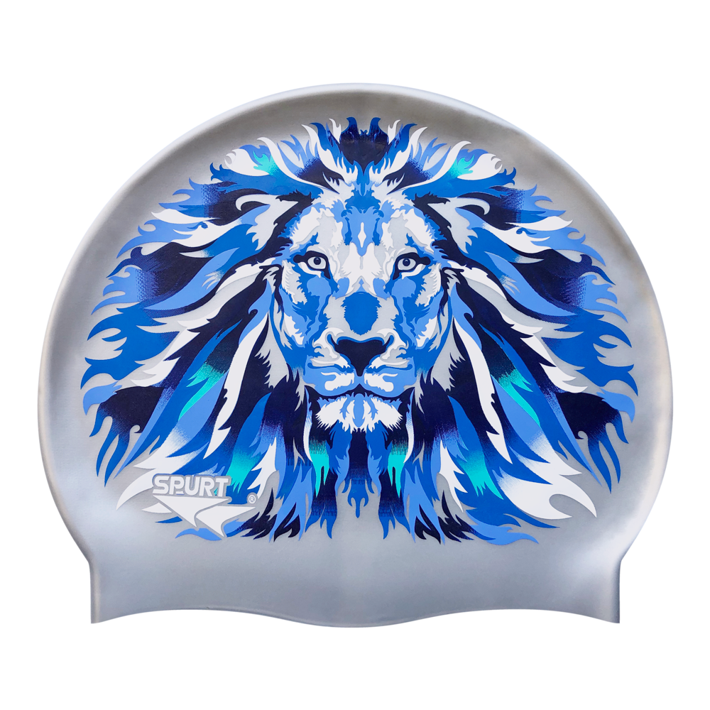 Lion with Shaded Mane in Cool Colour on SD11 Silver Spurt Silicone Swim Cap
