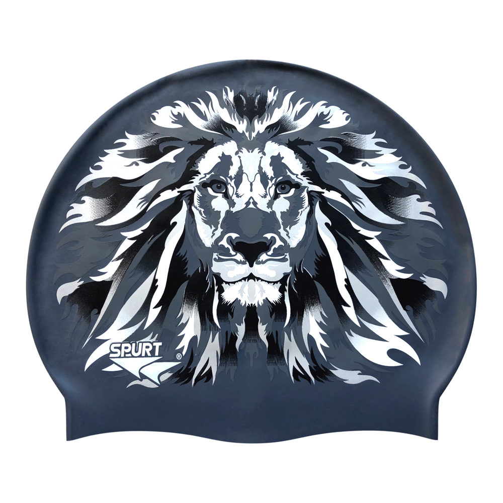 Lion with Shaded Mane in Greys on F210 Dark Grey Spurt Silicone Swim Cap