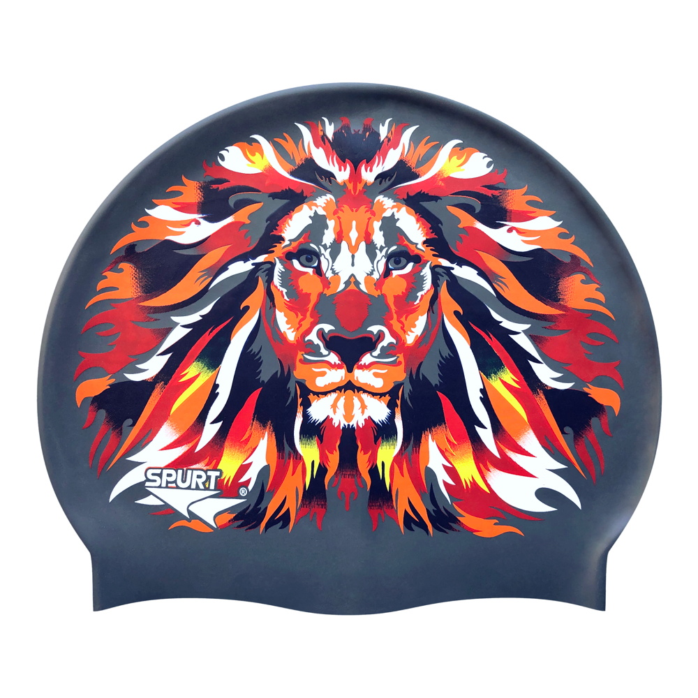 Lion with Shaded Mane in Warm Colour on F210 Dark Grey Spurt Silicone Swim Cap
