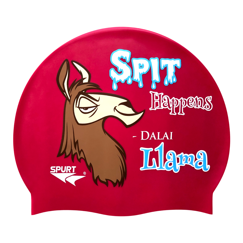 Llama and Spit Happens on F204 Dark Cerise Spurt Silicone Swim Cap